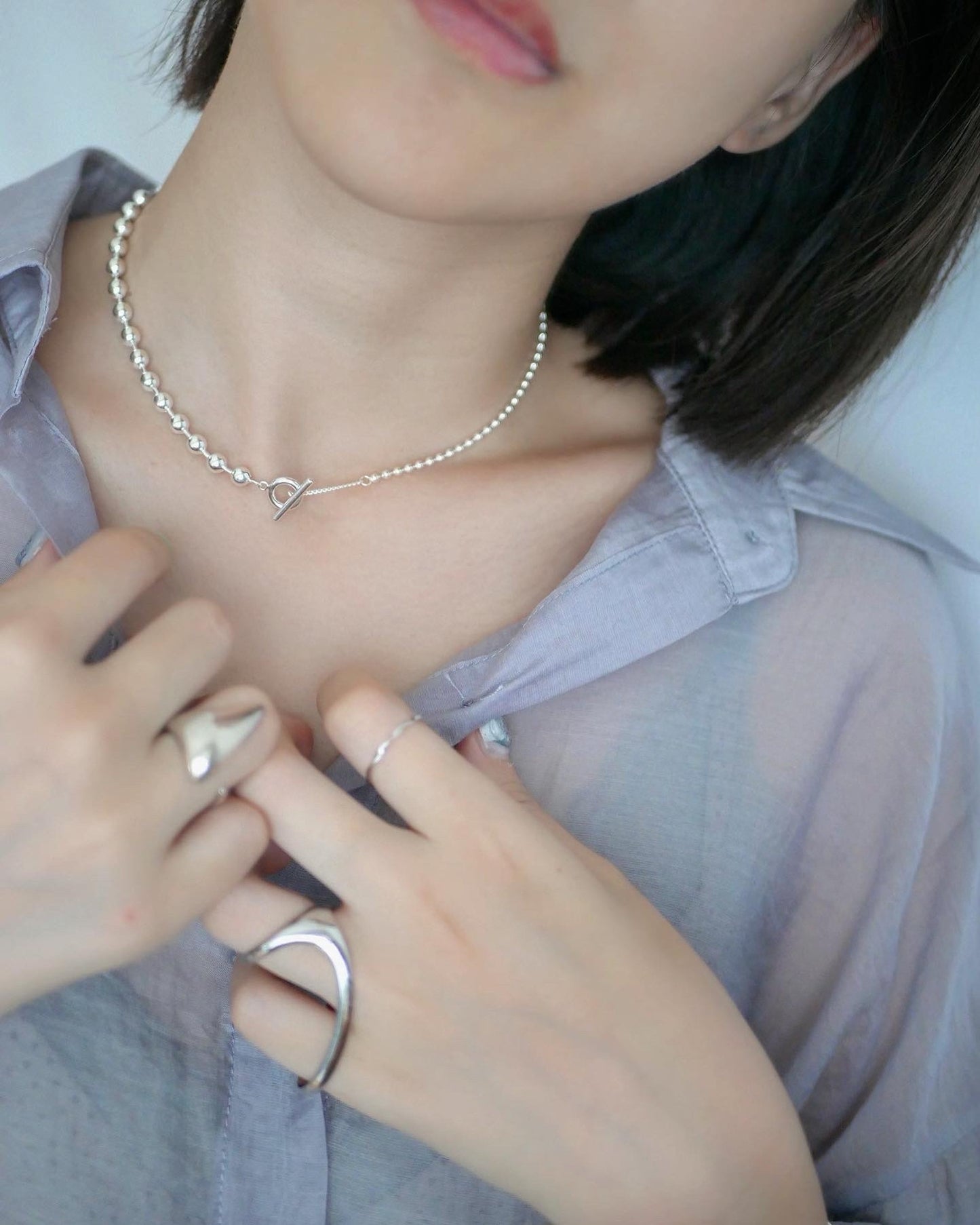 silver925 asymmetry ball chain necklace